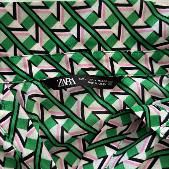 Zara Geometric Pattern Button Down Shirt in Pink/Green Size Medium - Picture 4 of 4